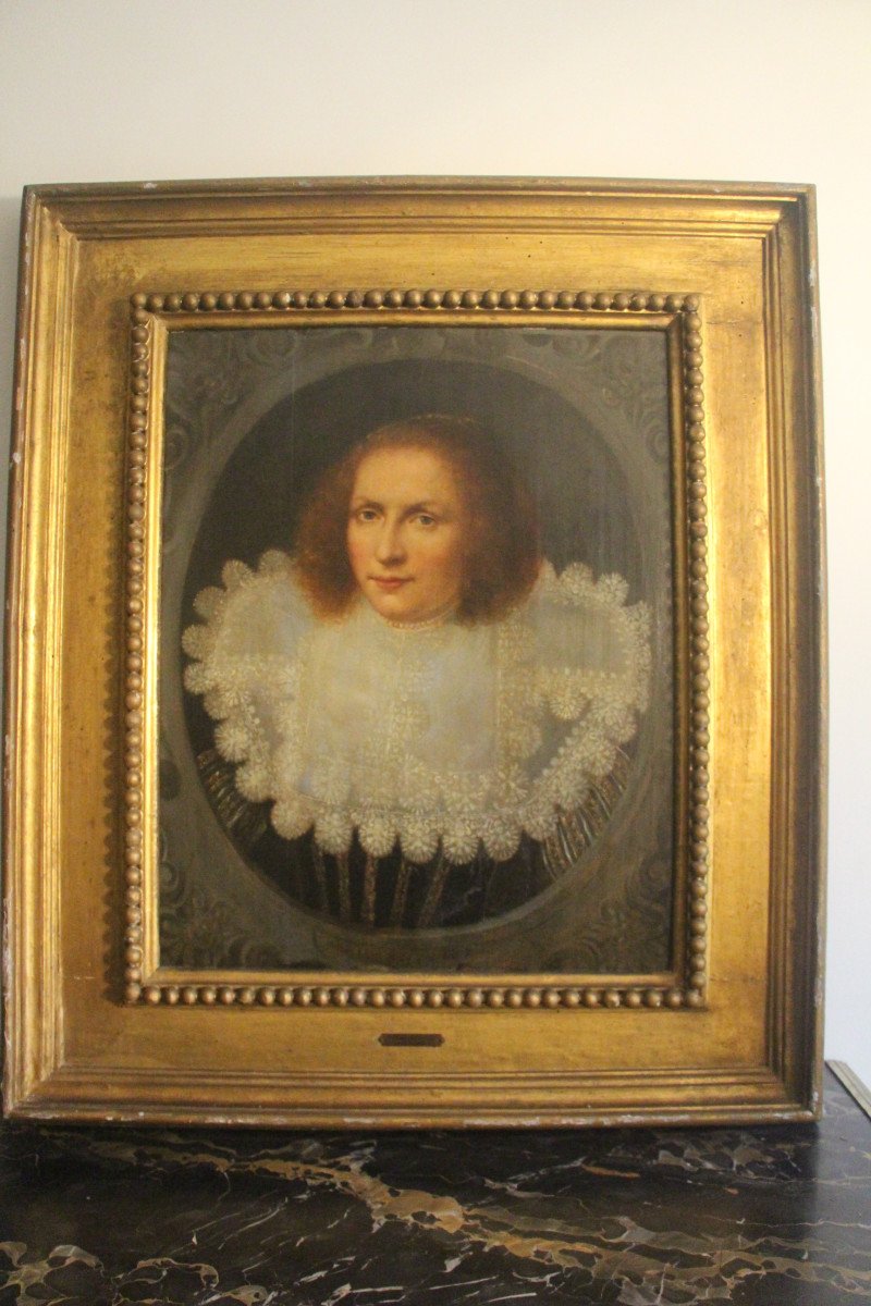 Portrait de dame à la collerette, huile sur panneau, école hollandaise XVIIe-photo-2