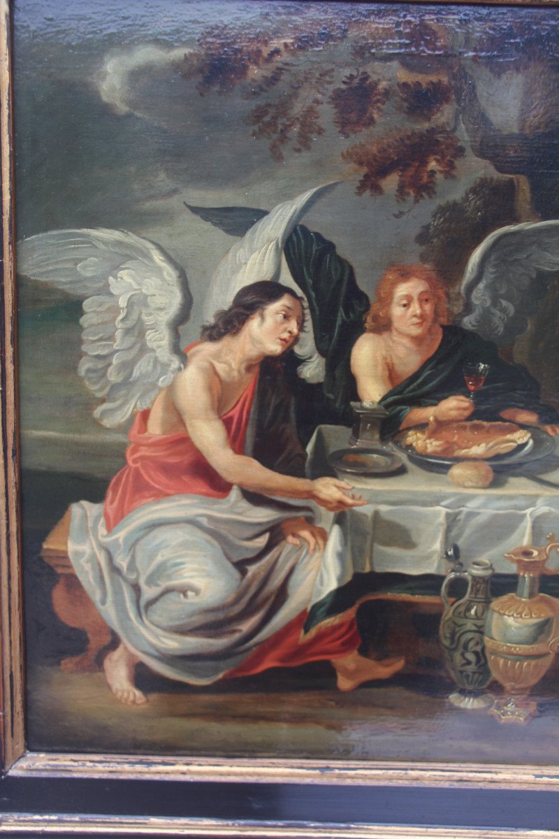 L'hospitalité d'Abraham, huile sur panneau de bois, école italienne XVIIe.-photo-3