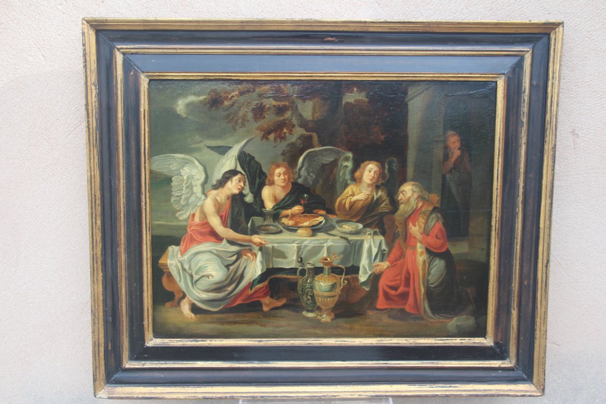 L'hospitalité d'Abraham, huile sur panneau de bois, école italienne XVIIe.