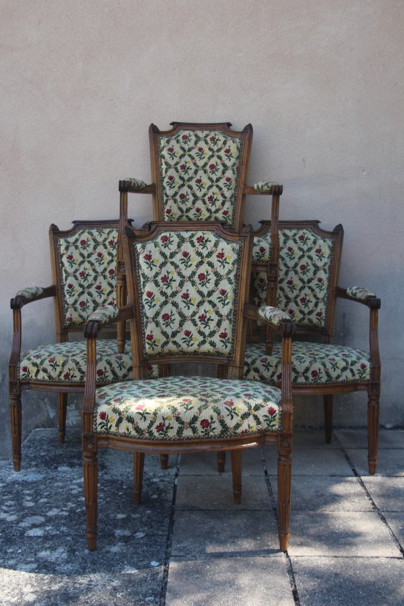 Suite Of Four Convertible Armchairs From The Louis XVI Period, 18th Century.