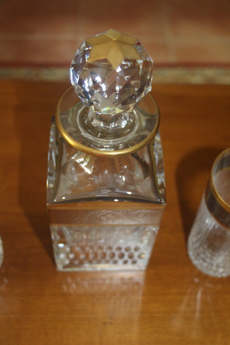 Set Of Six Whisky Glasses And Carafe, Saint-louis Crystal, Thistle Model, 20th Century.-photo-2