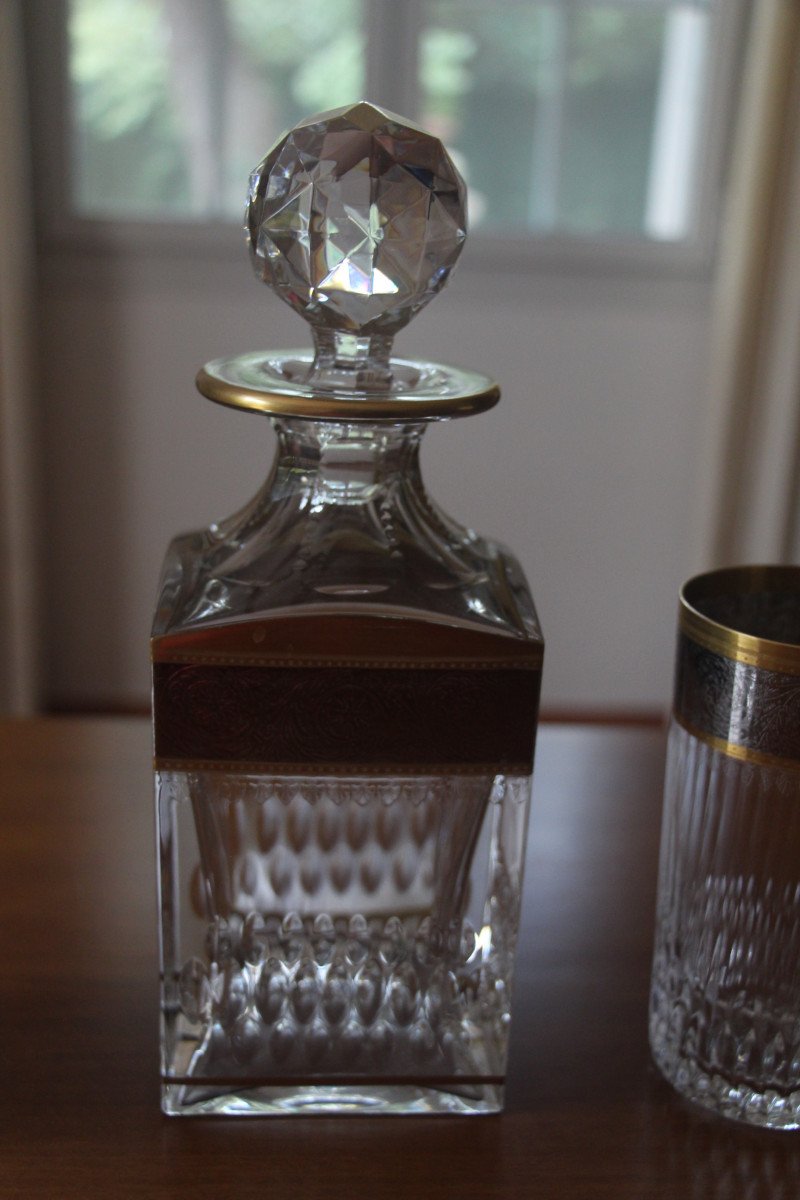 Set Of Six Whisky Glasses And Carafe, Saint-louis Crystal, Thistle Model, 20th Century.-photo-3