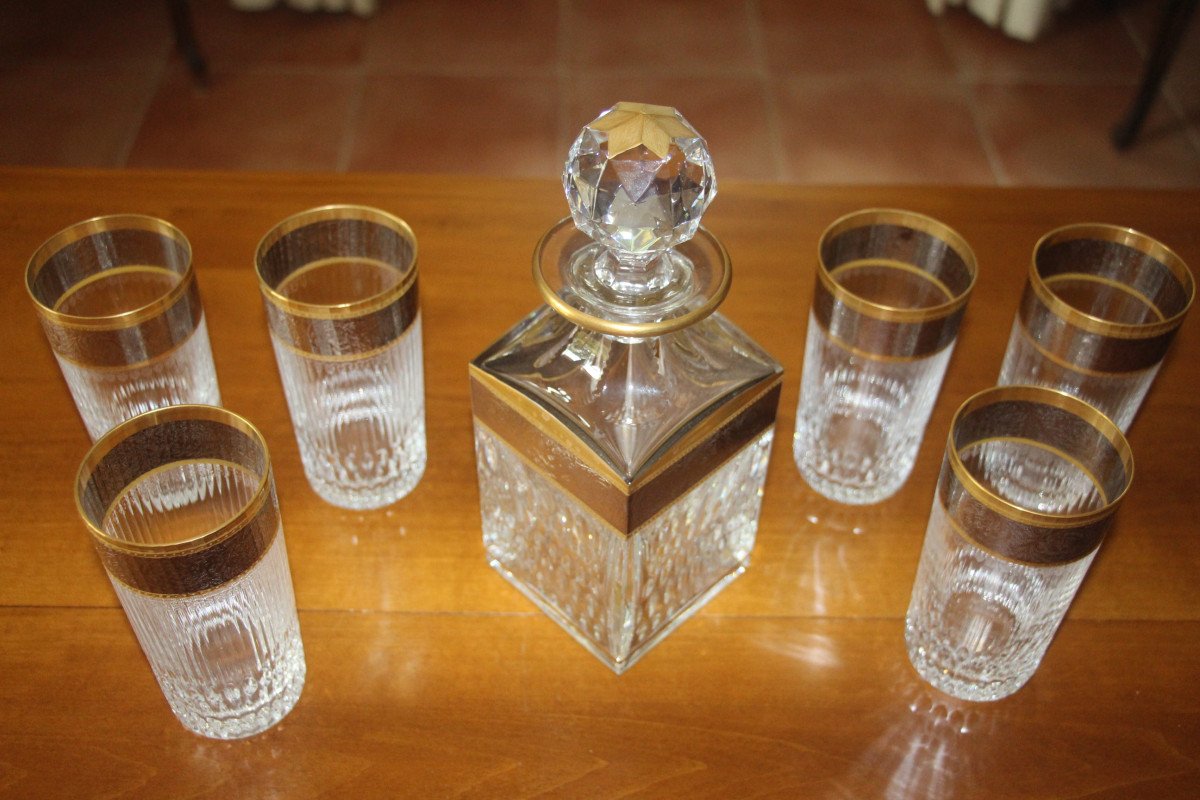 Set Of Six Whisky Glasses And Carafe, Saint-louis Crystal, Thistle Model, 20th Century.-photo-6