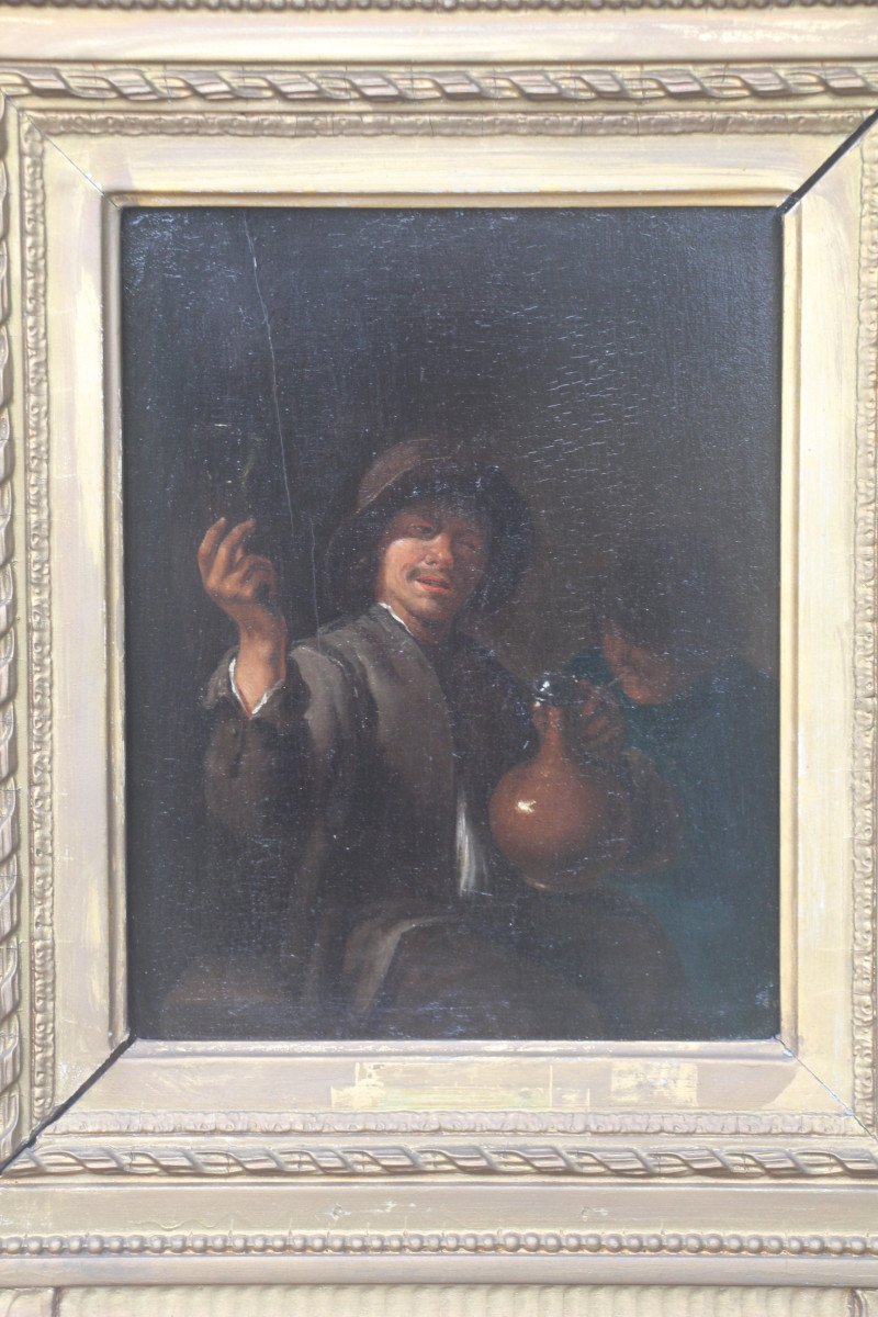 Le buveur de vin, huile sur panneau, attribuée à Adriaen Brouwer, école flamande, XVIIe siècle.