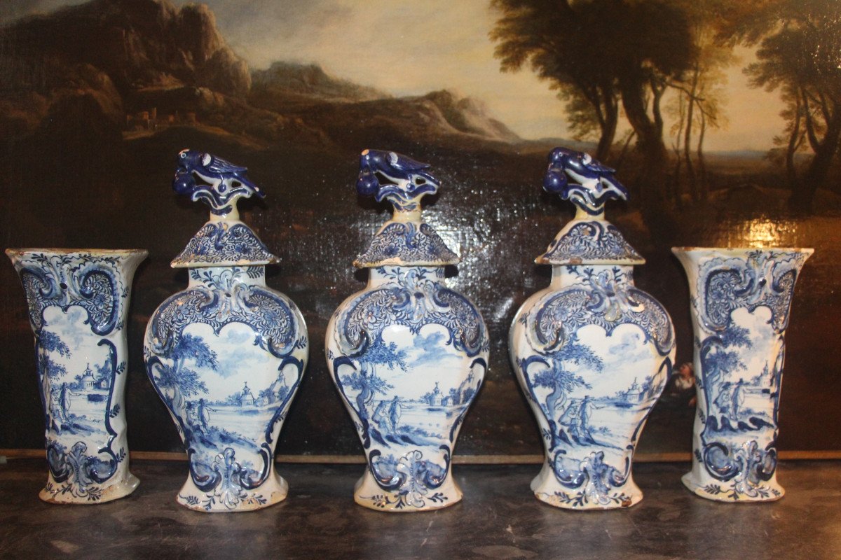 Set Of Five 18th Century Delftware Vases.