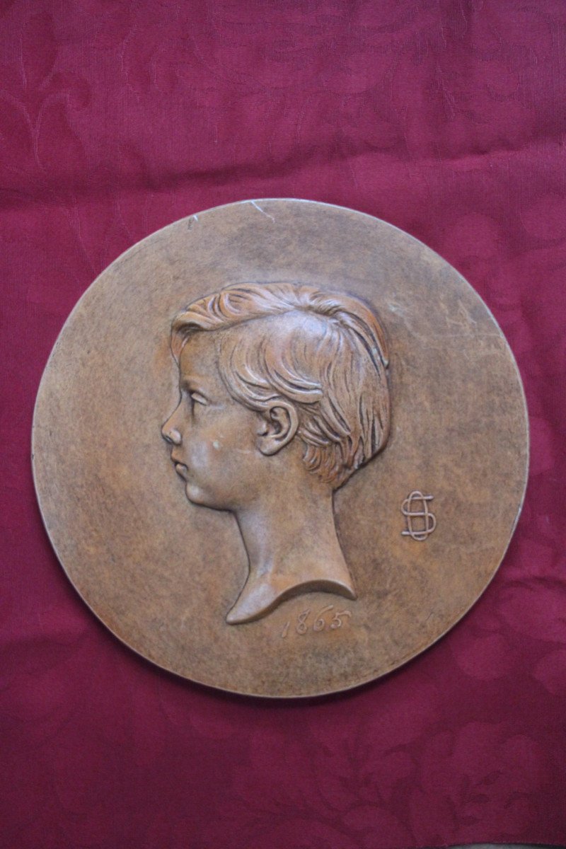 Medallions, Profile Portrait Of A Child In Patinated Plaster, One Signed L.kley (1833-1911), 19th Century.-photo-4