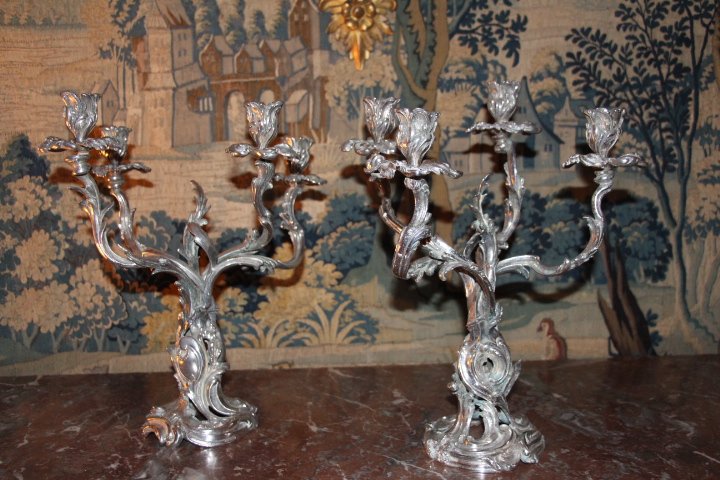 Important Pair Of Candelabra In Silvered Bronze, Rococo Style, Around 1840, Nineteenth Century.-photo-4