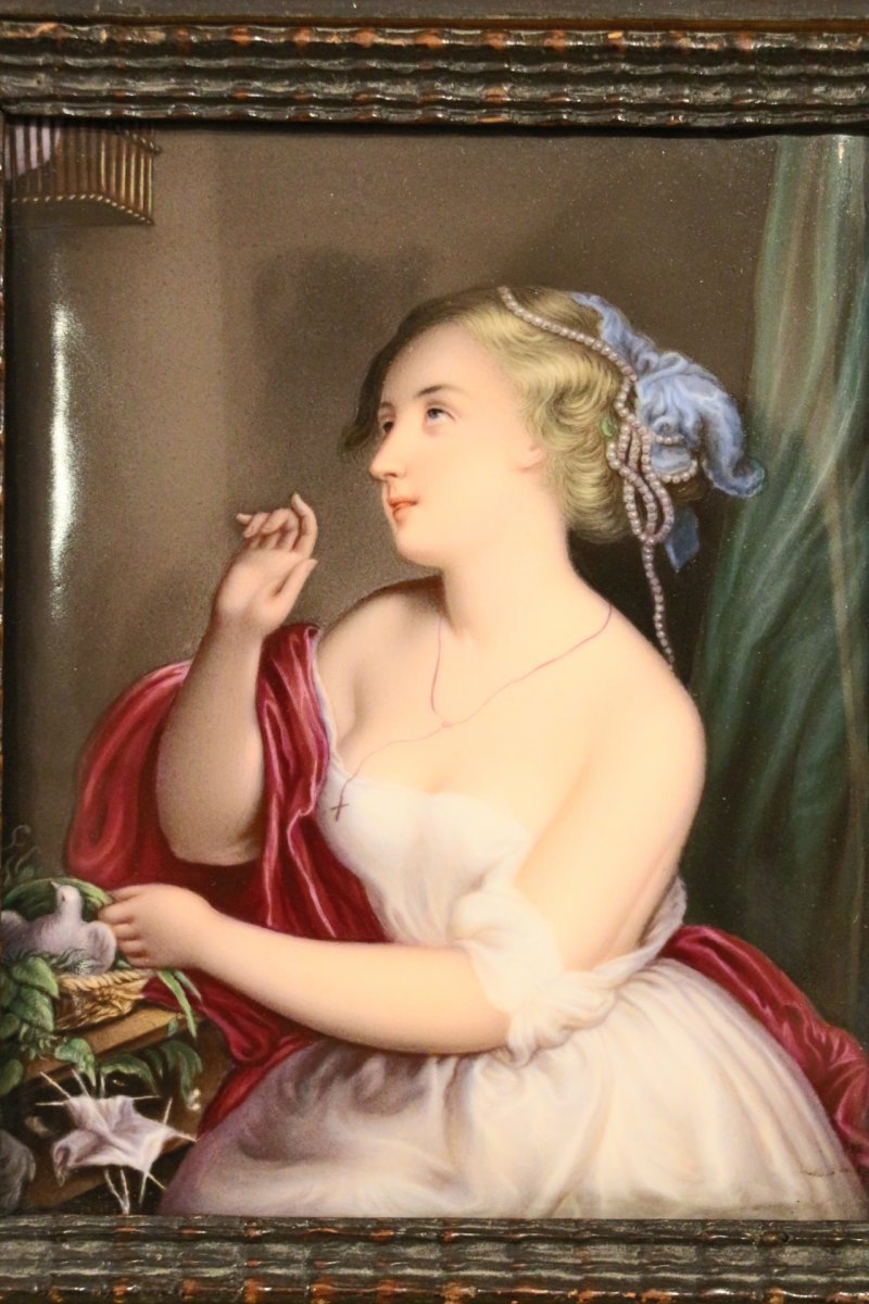 "Jeune fille à la colombe", sur plaque de porcelaine. Vieux paris, 1830, XIXe siècle.-photo-7