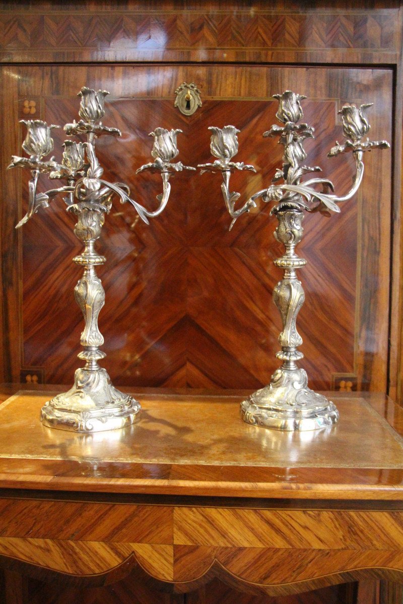 Pair Of Silvered Bronze Candelabra, First Half Of The 19th Century.-photo-4