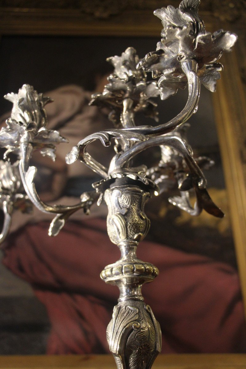 Pair Of Silvered Bronze Candelabra, First Half Of The 19th Century.-photo-5