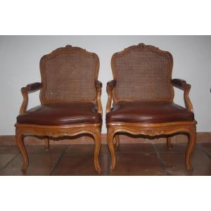 Pair Of Cane Armchairs, Louis XV Period, Stamped Etienne Saint-georges, 18th Century.