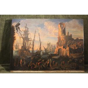 Scène de port, école italienne, vers 1700, XVIIIe siècle.