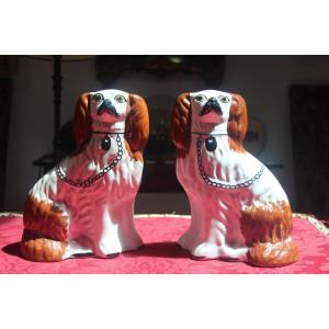 Pair Of Earthenware King Charles Cavaliers, Late 19th Century.