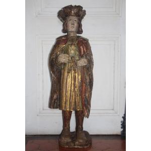 Polychrome Wooden Sculpture Representing A Notable, France 17th Century Circa 1600.