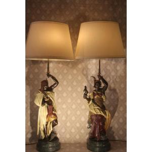 Pair Of Bronze And Polychrome Lamps, Signed Carrier-belleuze, 19th Century.