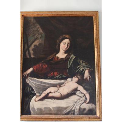 Huile Sur Toile " Vierge à l'Enfant "école Italienne , XVIIe Siècle.