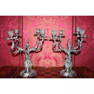 Important Pair Of Candelabra In Silvered Bronze, Rococo Style, Around 1840, Nineteenth Century.