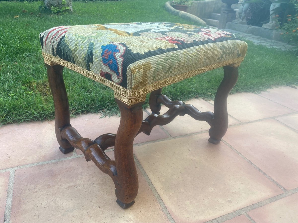 Louis Xlll Stool In Walnut With Petit Point Tapestry -photo-3