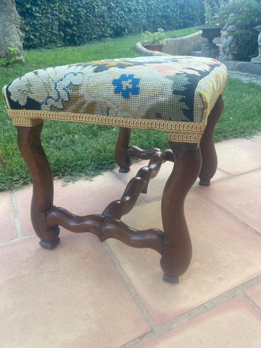 Louis Xlll Stool In Walnut With Petit Point Tapestry 