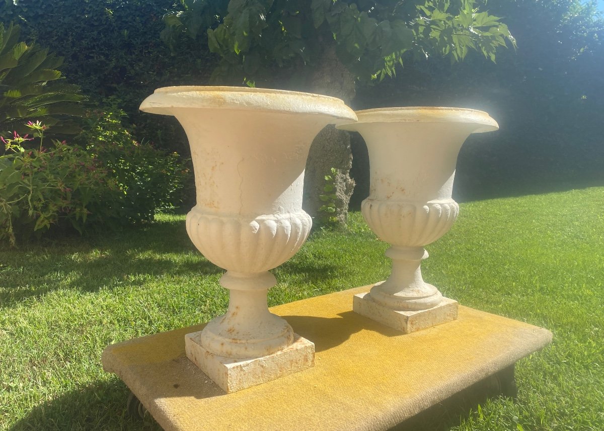 Pair Of 19th Century Cast Iron Medici Vases -photo-1