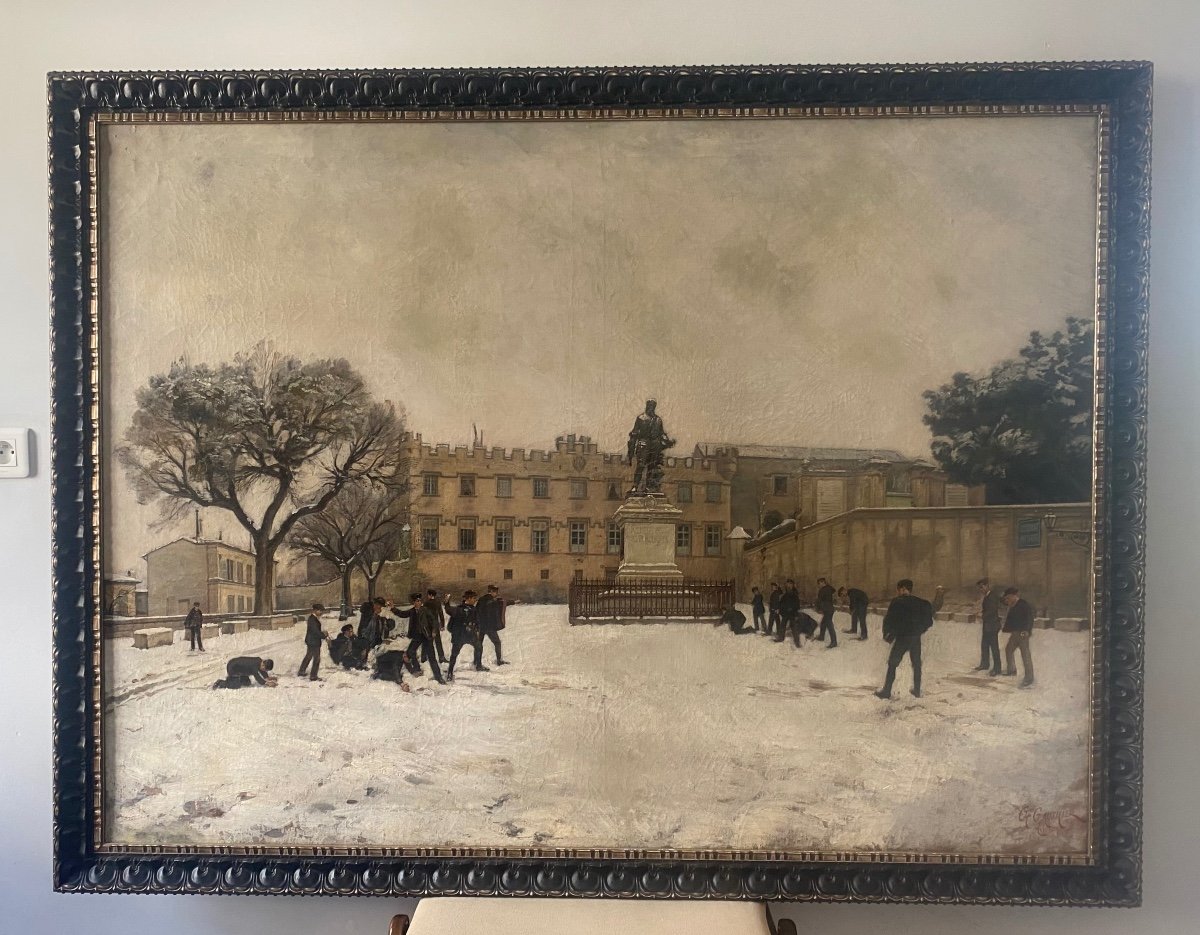 Tableau Bataille De Boules De Neige En Avignon Devant La Statue «  Au Brave Grillon « -photo-2