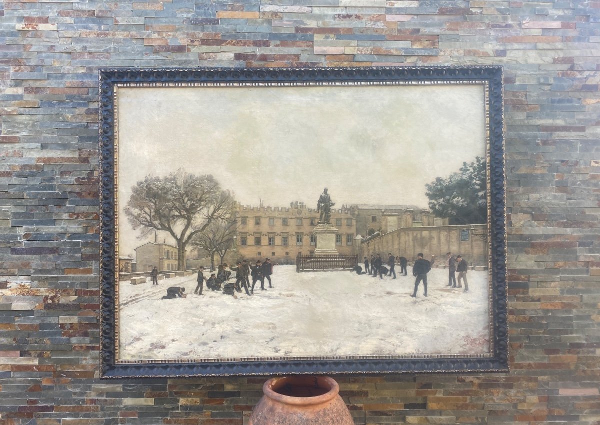 Tableau Bataille De Boules De Neige En Avignon Devant La Statue «  Au Brave Grillon « -photo-3