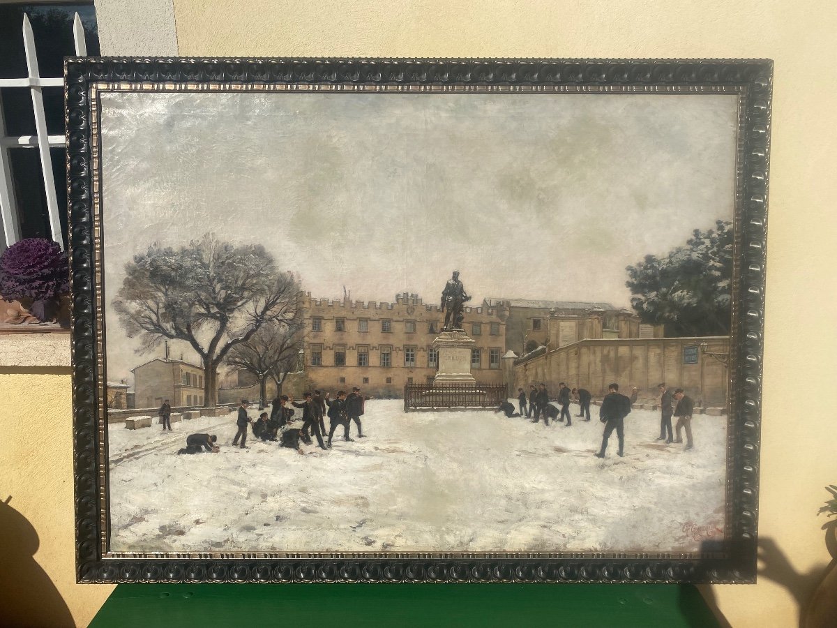 Tableau Bataille De Boules De Neige En Avignon Devant La Statue «  Au Brave Grillon « 