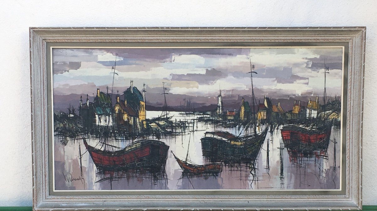 Barques Au Port Huile Sur Toile Vers 1950