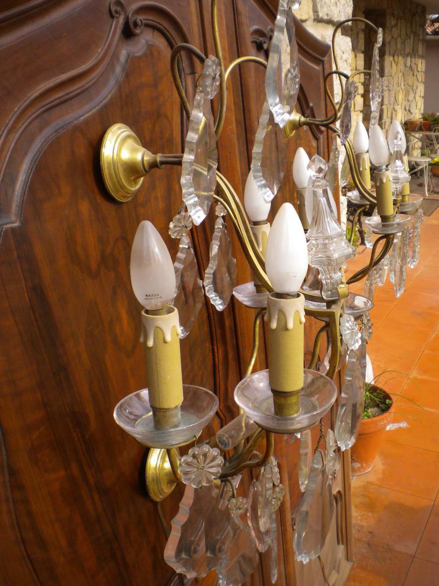 Large Bronze Sconces Pair And Criistal-photo-2