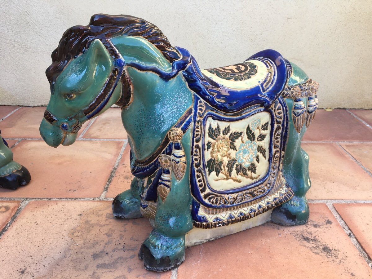 Suite Of Three Horses In Polychrome Enameled Earthenware Vietnam-photo-3