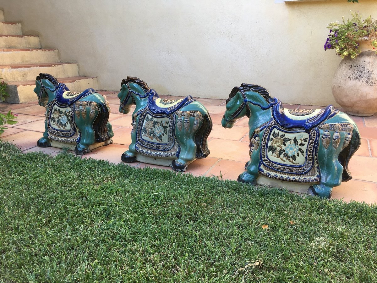 Suite Of Three Horses In Polychrome Enameled Earthenware Vietnam