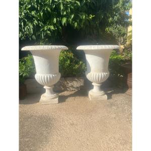 Pair Of Large Cast Iron Medici Vases 