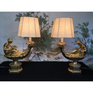 Grande Paire De Lampes à Huile De Style Empire En Bronze Doré 