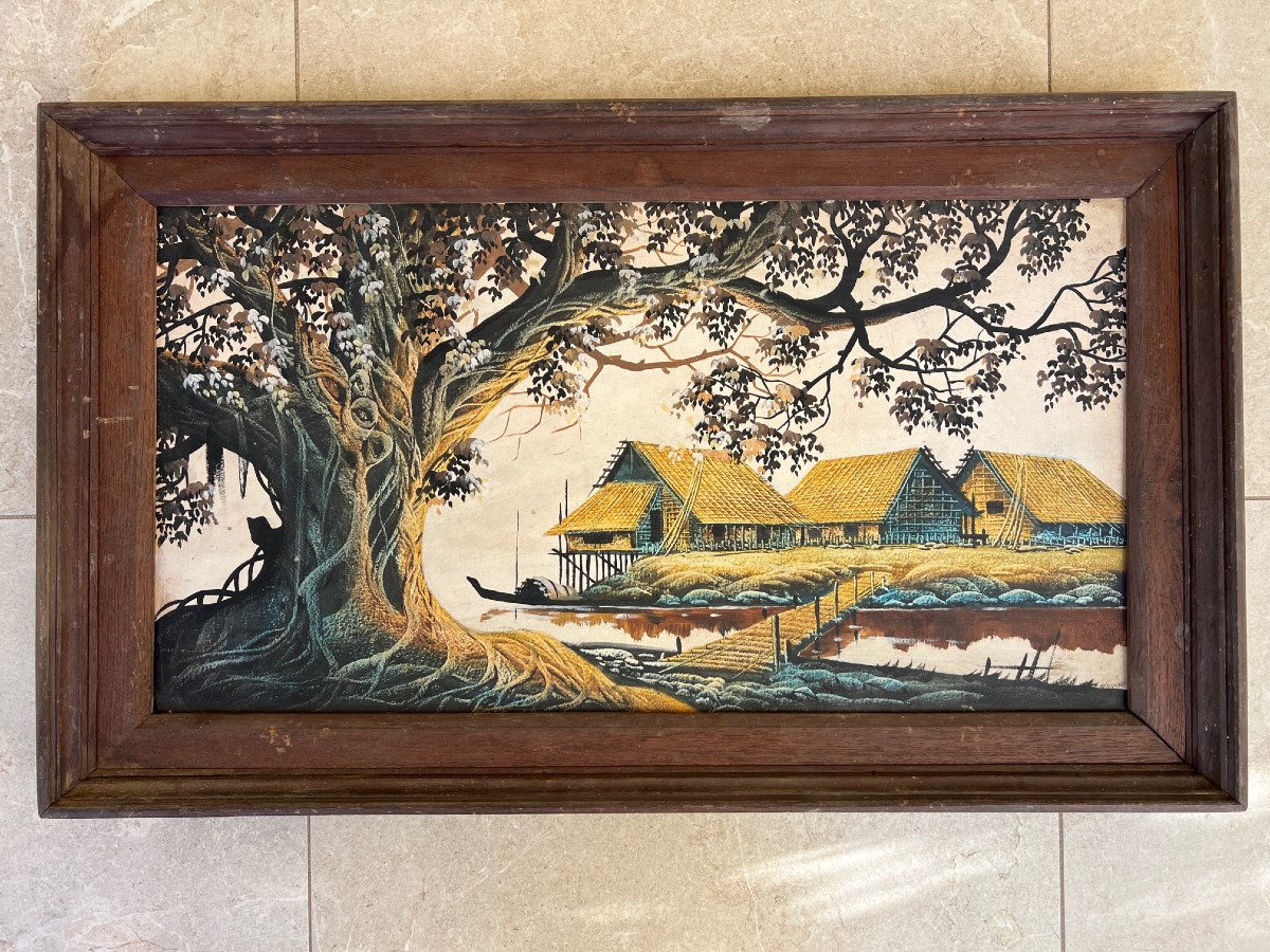 Landscape Painting On Framed Canvas, XXth Century, Burma-photo-2