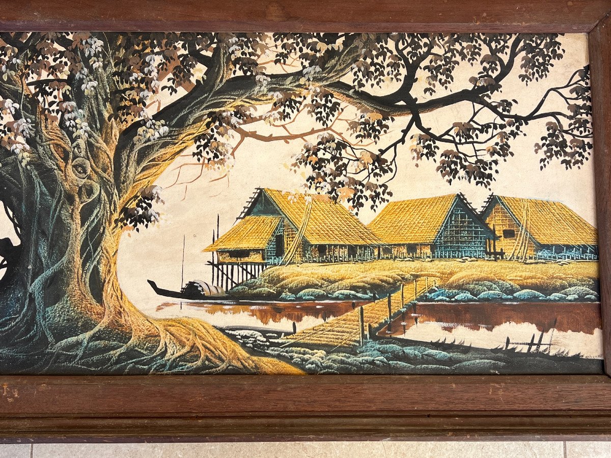 Landscape Painting On Framed Canvas, XXth Century, Burma-photo-8