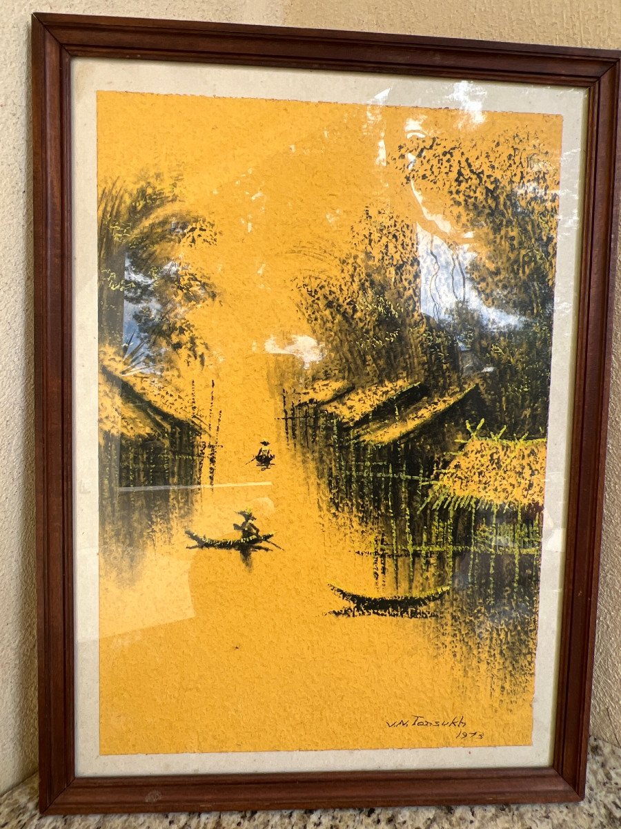 Jungle Landscape Painting On Paper Framed By Vietnamese Artist Vn Tonsukh 1973-photo-3