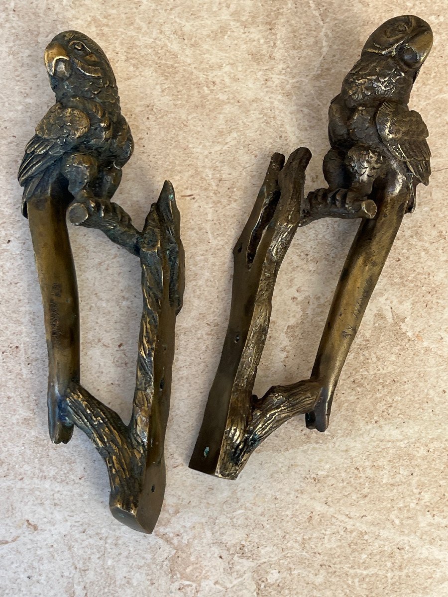 Pair Of Parrot Shaped Handle In Bronze, Mandalay Foundry, XXth Century Burma-photo-6