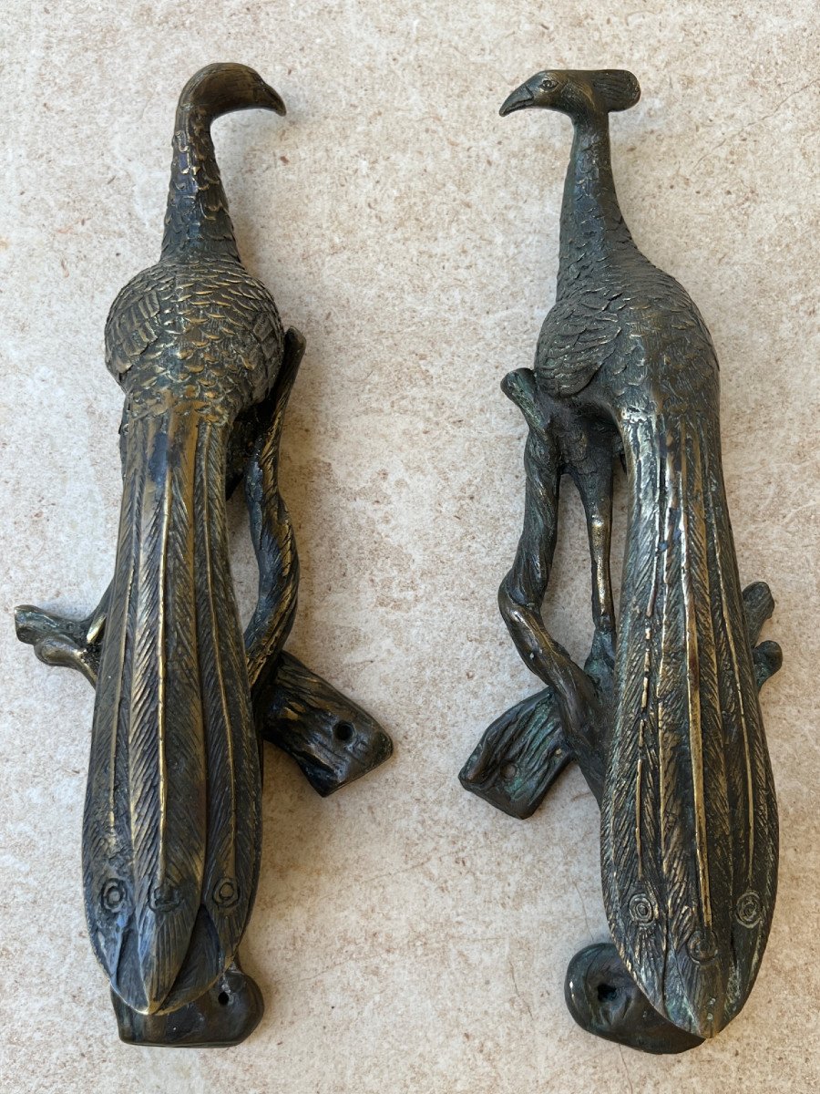 Pair Of Peacock Shaped Handles In Bronze, Mandalay Foundry, XXth Century Burma-photo-2