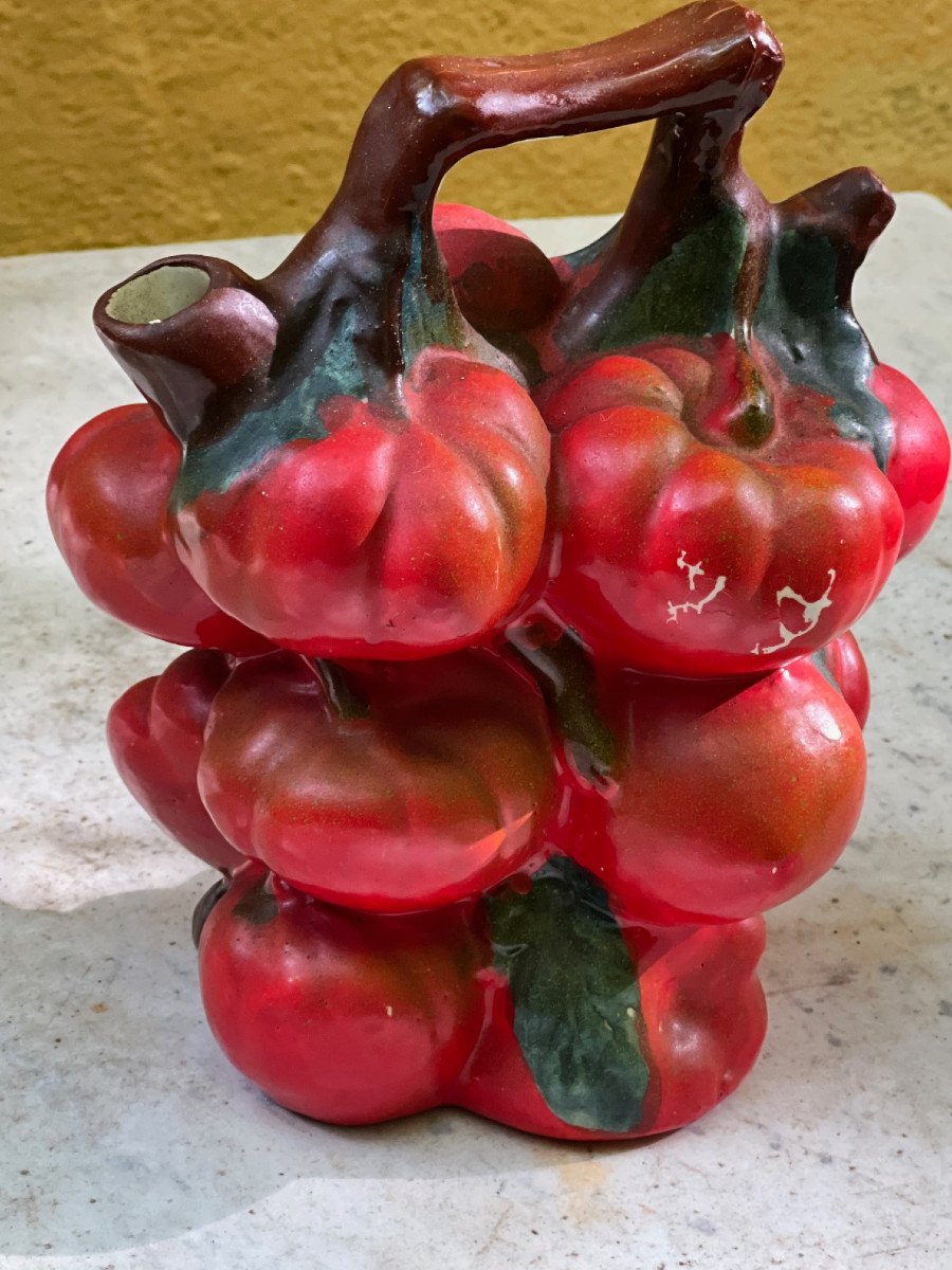 Summer Collection Rare Barbotine Carafe Decorated With Tomato Coeur De Boeuf Circa 1970 France-photo-2