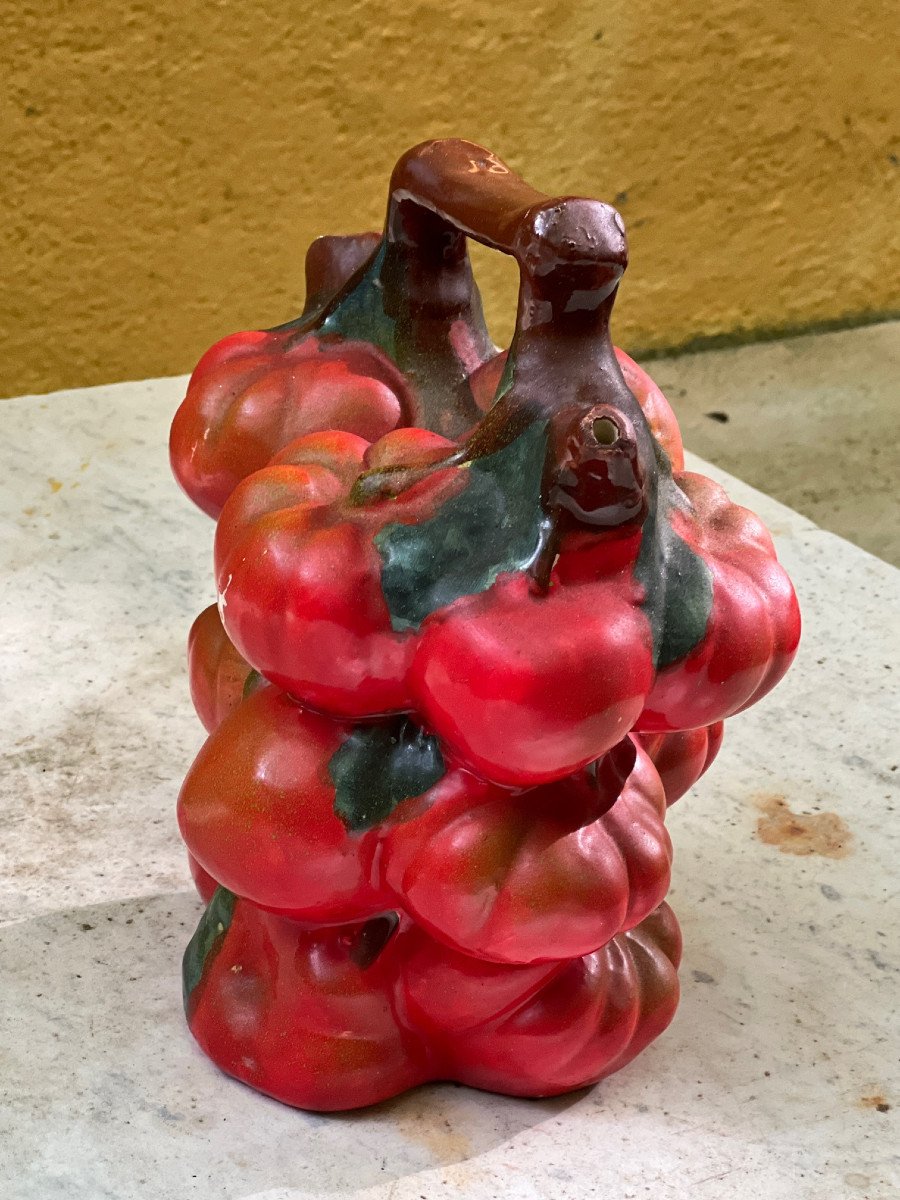 Summer Collection Rare Barbotine Carafe Decorated With Tomato Coeur De Boeuf Circa 1970 France-photo-3