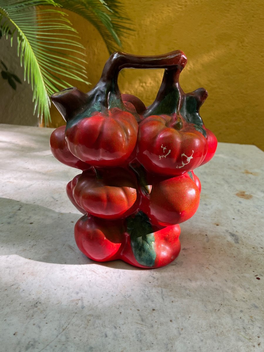 Summer Collection Rare Barbotine Carafe Decorated With Tomato Coeur De Boeuf Circa 1970 France-photo-5