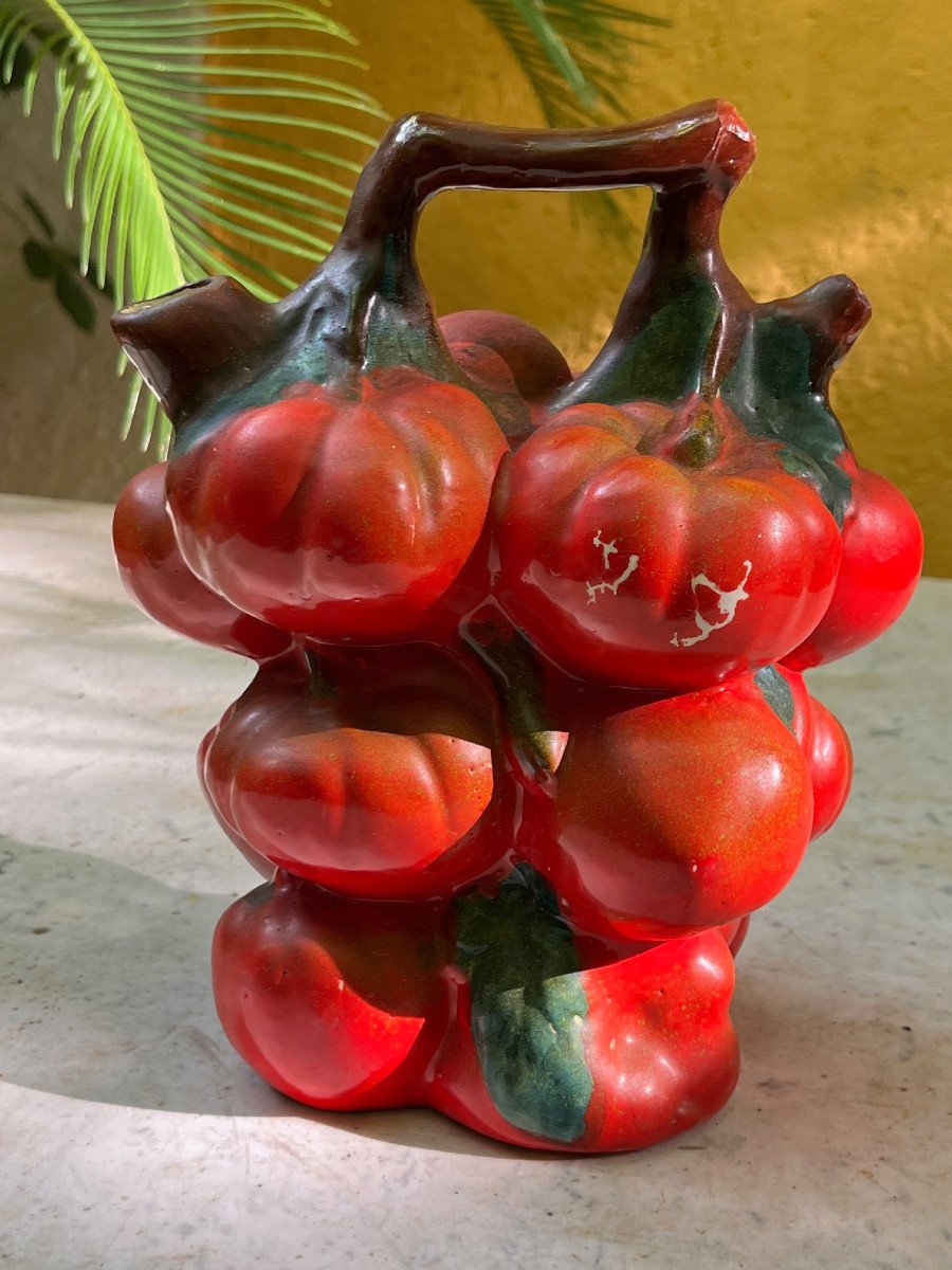 Summer Collection Rare Barbotine Carafe Decorated With Tomato Coeur De Boeuf Circa 1970 France-photo-6