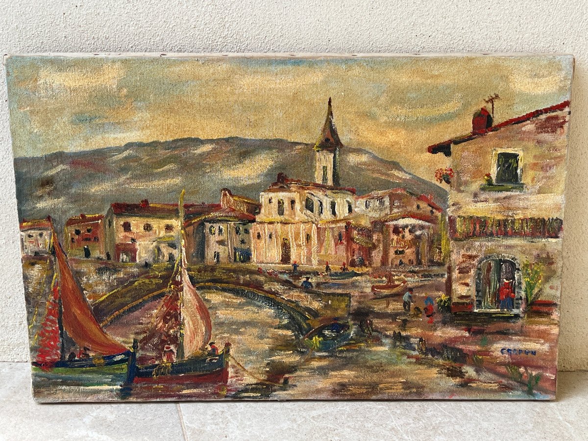 Marine Painting Mediterranean Port 1970-photo-2