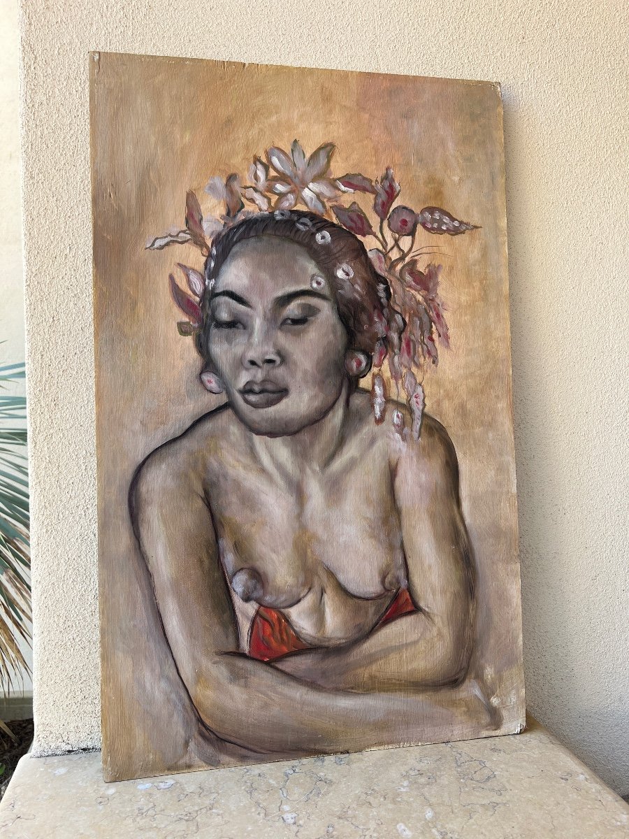 Topless Balinese Portrait On Wood 20th Century -photo-4