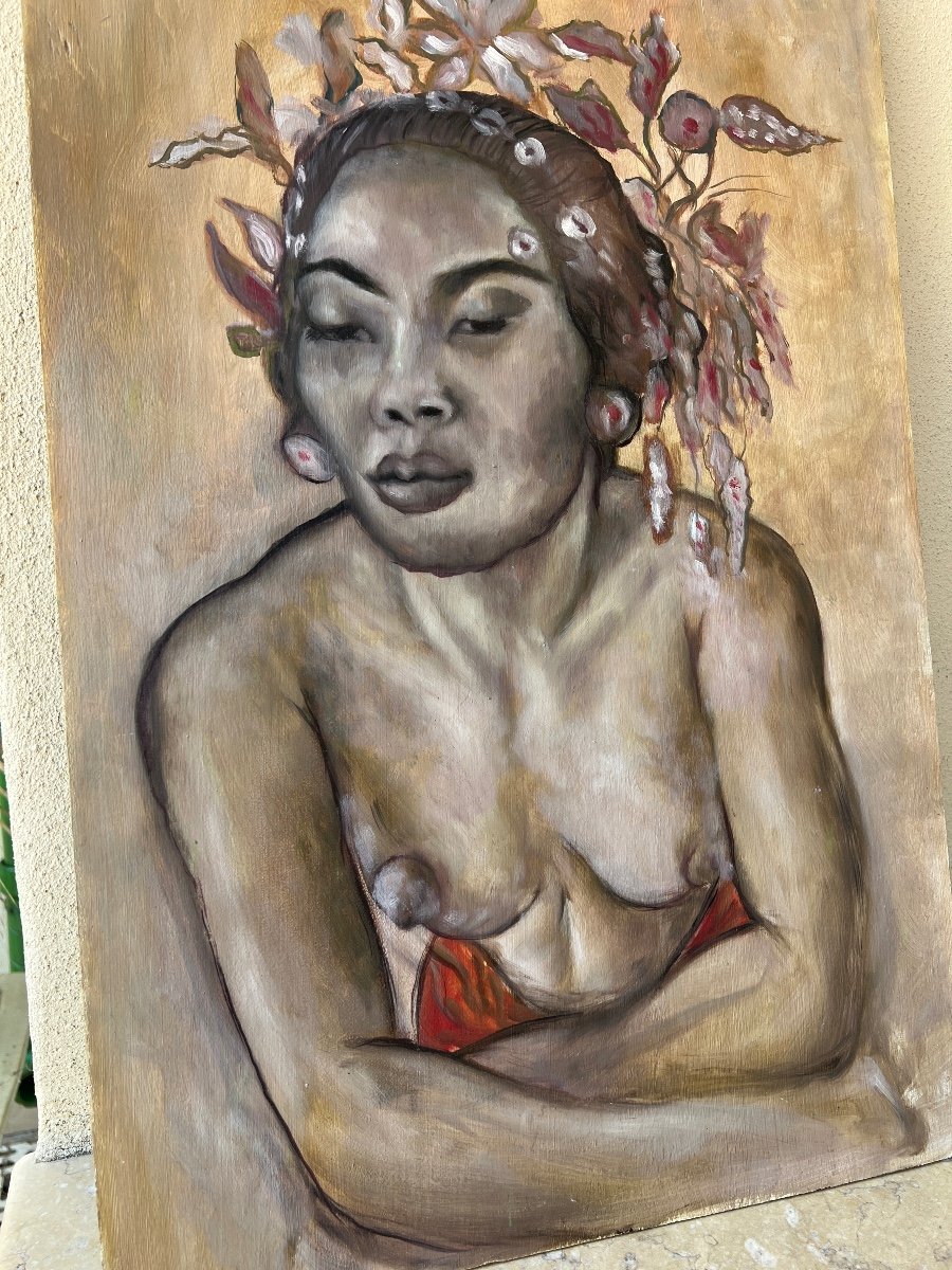 Topless Balinese Portrait On Wood 20th Century -photo-1