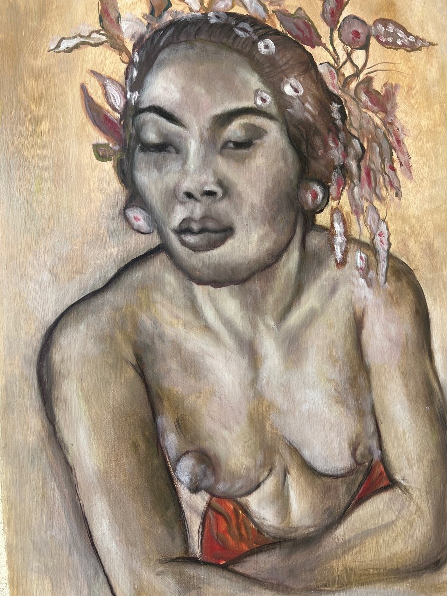 Topless Balinese Portrait On Wood 20th Century -photo-4