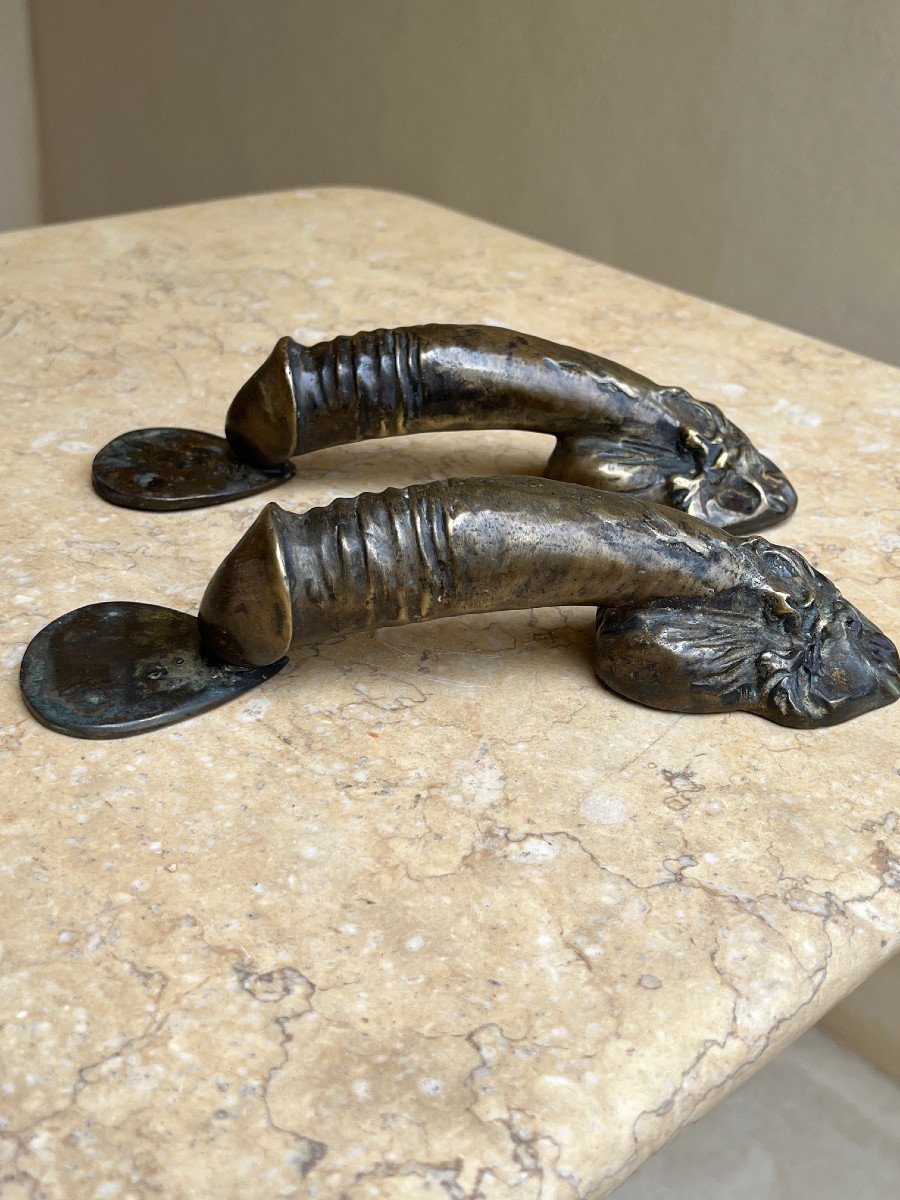 Pair Of Bronze Handles In The Shape Of A Phallus, 20th Century -photo-2