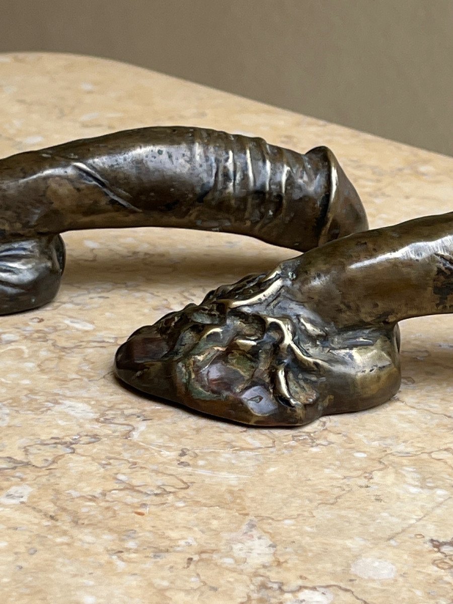 Pair Of Bronze Handles In The Shape Of A Phallus, 20th Century 