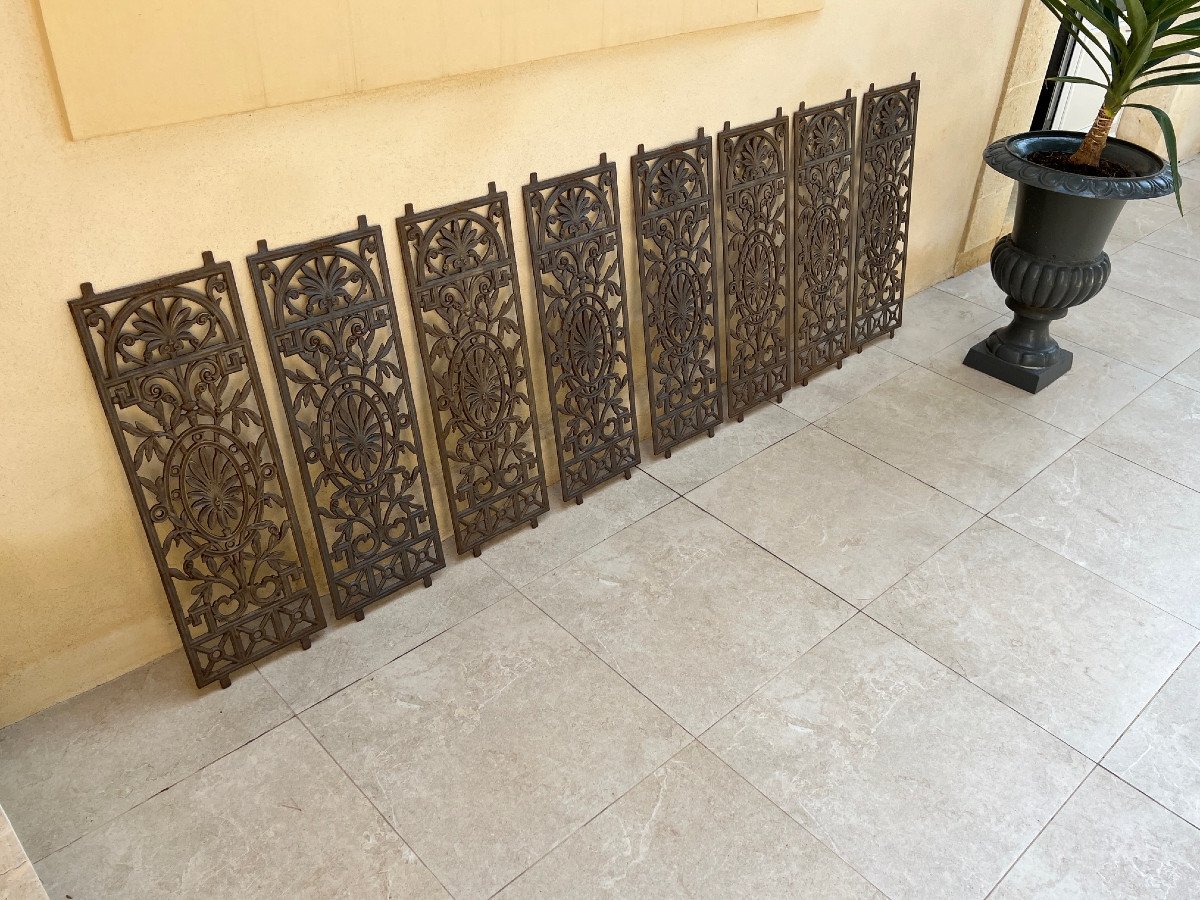 8 Cast Iron Grilles, Traveler's Tree Model, English Colonial House, Burma 19th Century 