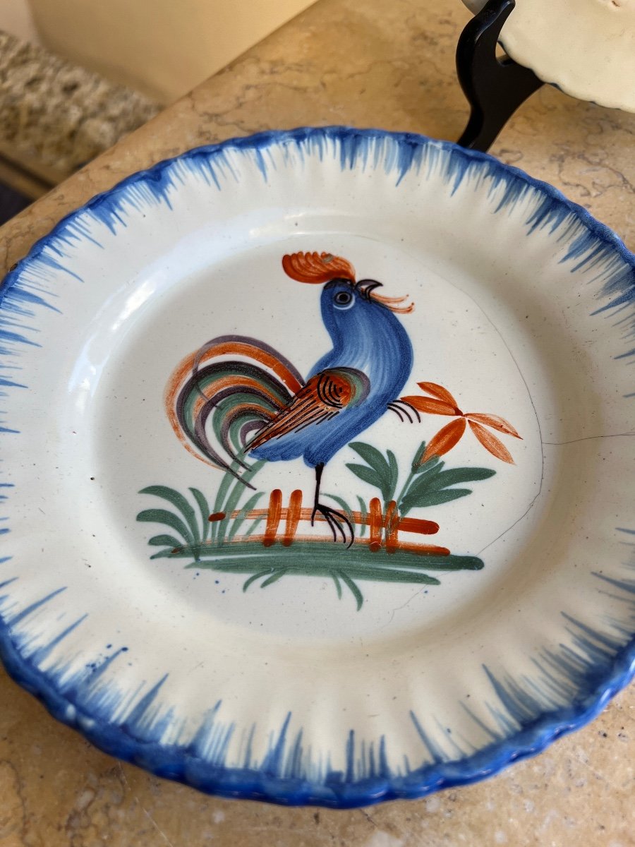 3 Antique Earthenware Rooster Plates By Wally, 19th Century -photo-3